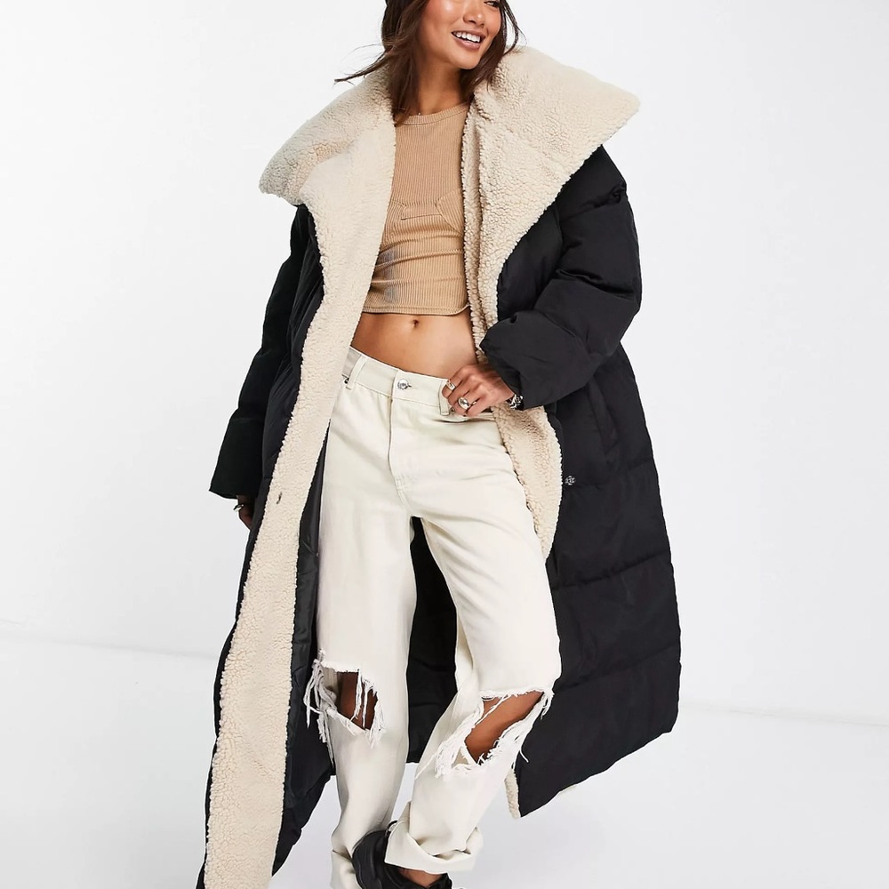 ASOS DESIGN shearling collared belted maxi puffer jacket in black